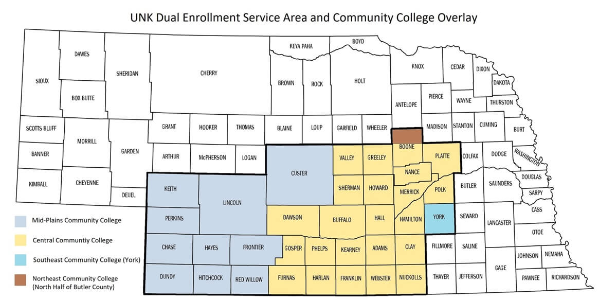 Map of 太阳城娱乐官网 dual enrollment service area, which includes the following counties: Adams, Boone, Buffalo, Chase, Clay, Custer, Dawson, Dundy, Franklin, Frontier, Furnas, Gosper, Greeley, Hall, Hamilton, Harlan, Hayes, Hitchcock, Howard, Kearney, Keith, Lincoln, Merrick, Nance, Nuckolls, Perkins, Phelps, Platte, Polk, Red Willow, Sherman, Valley, Webster, and York.