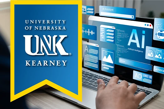 a unk banner over a stock image of a laptop with ai imagery on it