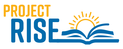 logo featuring a book with a rising sun and the words project rise