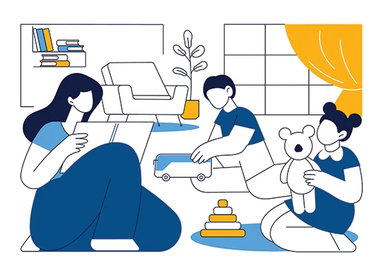 line art image of a two children playing while a woman reads a book