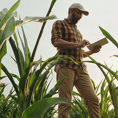 a farmer uses an ipad in a field