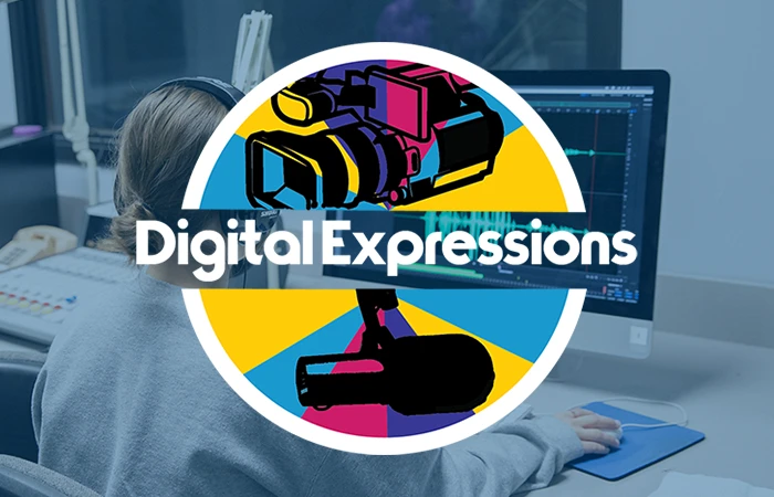 digital expressions media camp logo superimposed over a student working at a computer