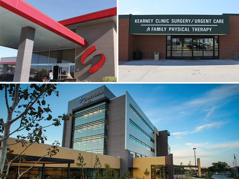 Collage of Local Hospitals and Clinics including New West, Great Plains Health, and Kearney Family Physical 的rapy