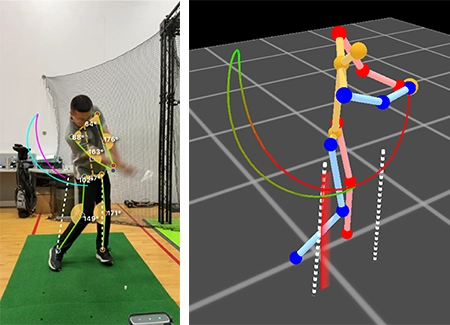 an image of a person golfing next to an image of their computerized swing analysis