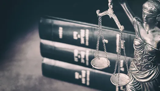 the statue of lady justice next to a stack of books
