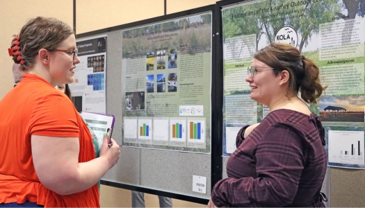 Woman presenting research to judges.