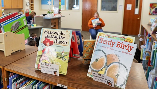 Two children's books with a school librarian reading to a group of young students in the background.
