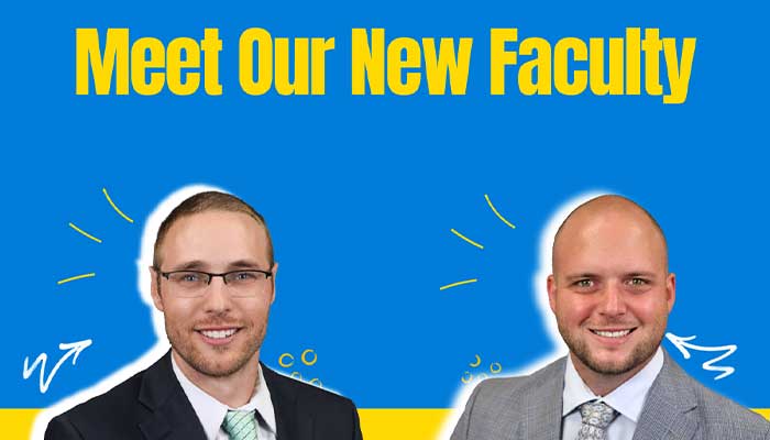 two faculty members headshots beneath the words meet our new faculty