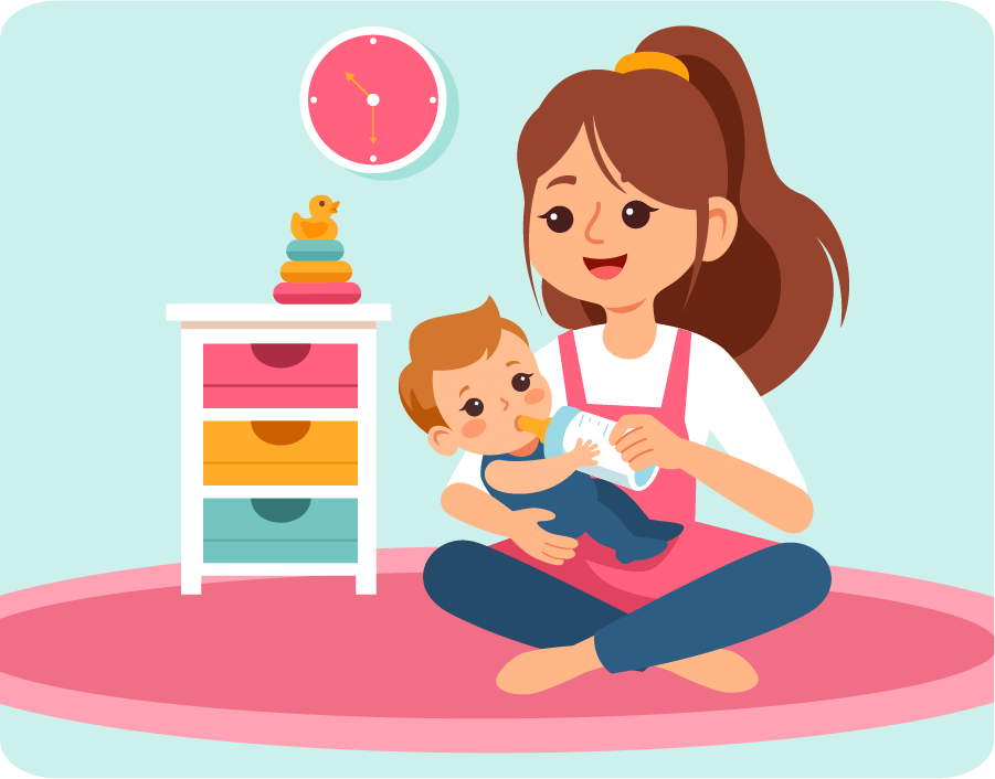A cartoon illustration of a woman feeding a baby with a bottle while sitting on a colorful rug in a nursery setting.