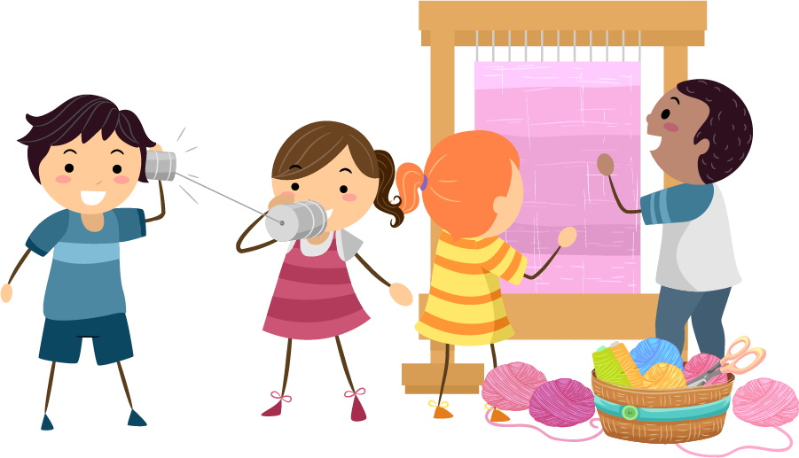 Illustration of children engaging in creative activities, such as weaving and using tin can telephones.