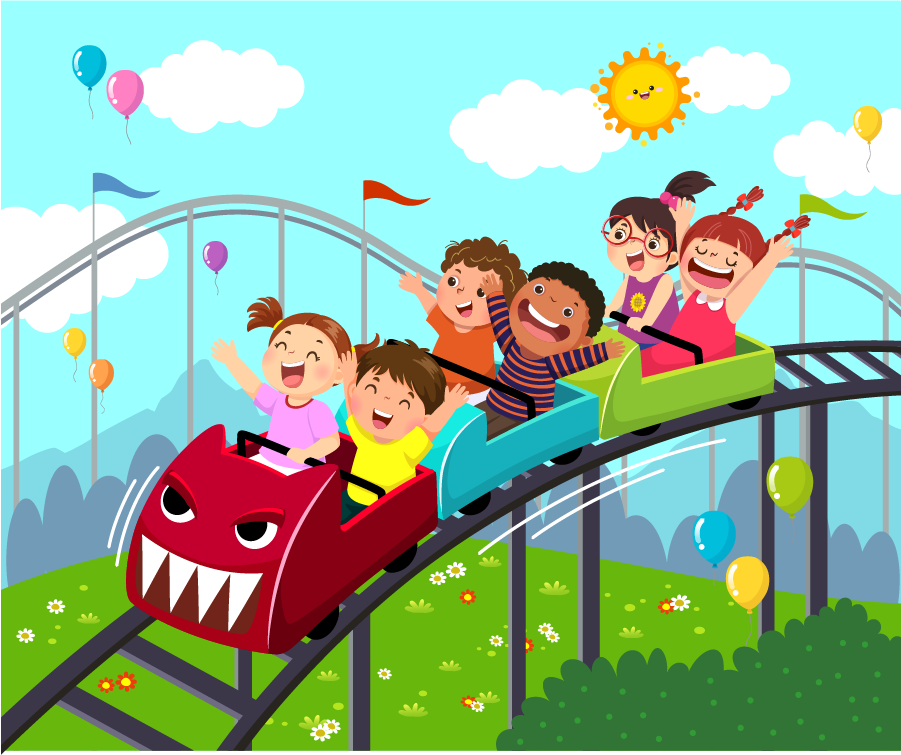 Colorful illustration of children enjoying a roller coaster ride with cheerful expressions and a whimsical cart design.