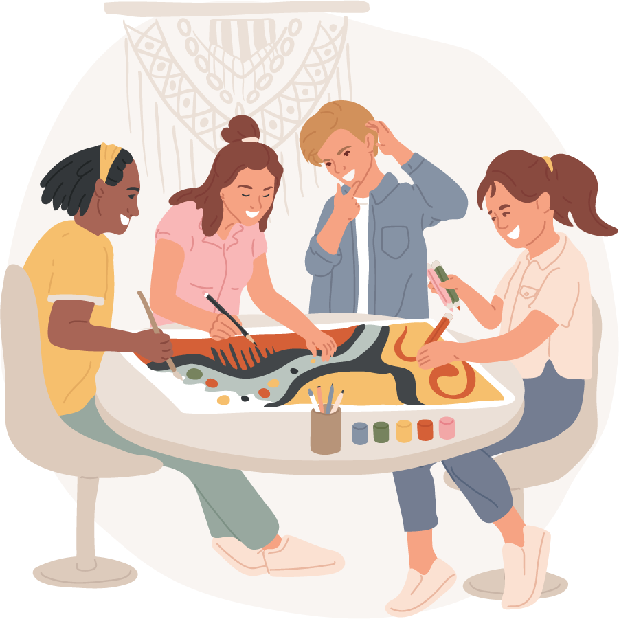 Four people engaged in a collaborative painting activity at a table, showcasing creativity and teamwork.