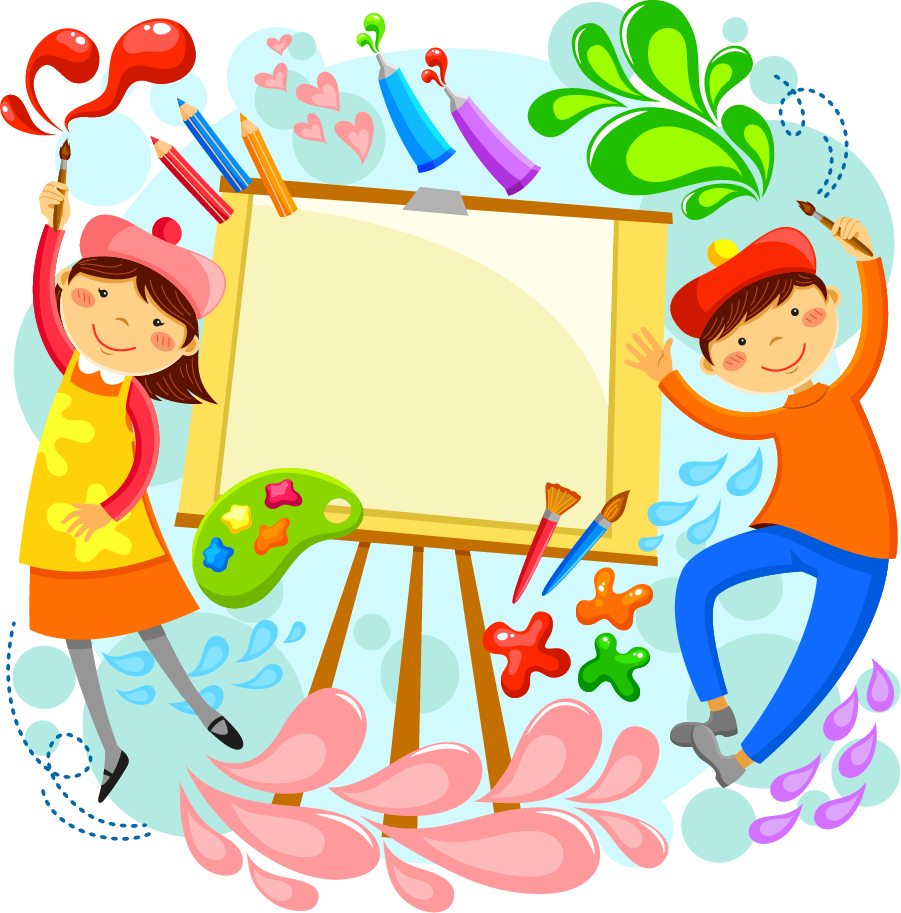Colorful illustration of two children joyfully surrounded by art supplies, with a blank easel in the center inviting creativity.