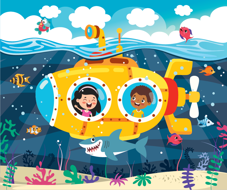 Colorful cartoon illustration of children exploring underwater in a yellow submarine surrounded by fish and marine life.