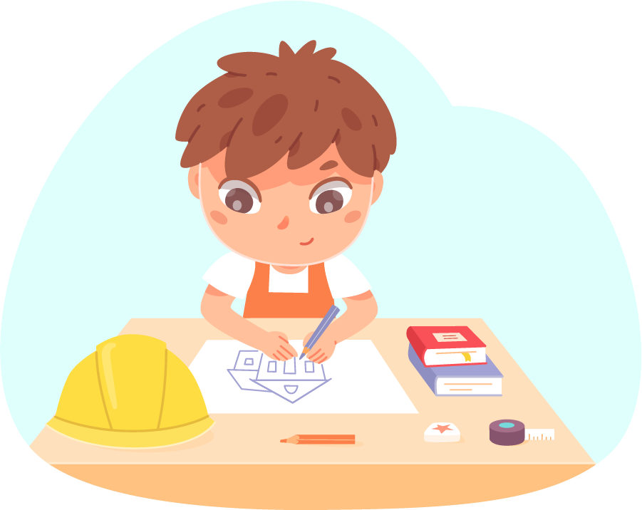 A cartoon illustration of a young boy drawing blueprints on a table with a hard hat and various supplies nearby.