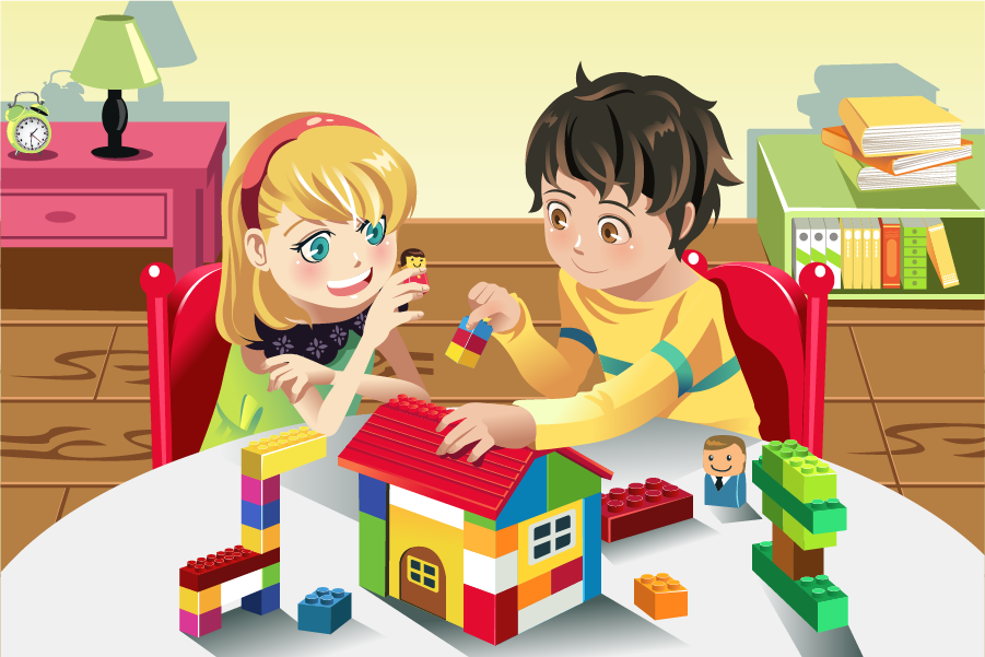 Children playing with colorful building blocks to create a house, showcasing teamwork and imagination.