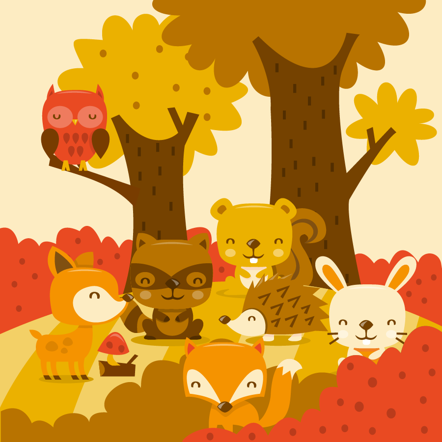 A whimsical illustration of woodland animals, including a fox, rabbit, owl, and squirrel, set in a colorful autumn landscape with trees and foliage.