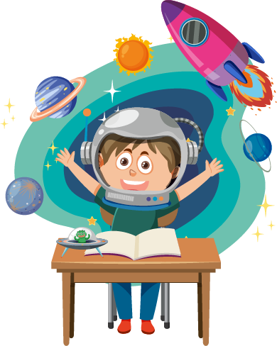Colorful illustration of a cheerful child wearing an astronaut helmet, sitting at a desk with an open book, surrounded by planets, a rocket, and a smiling alien.