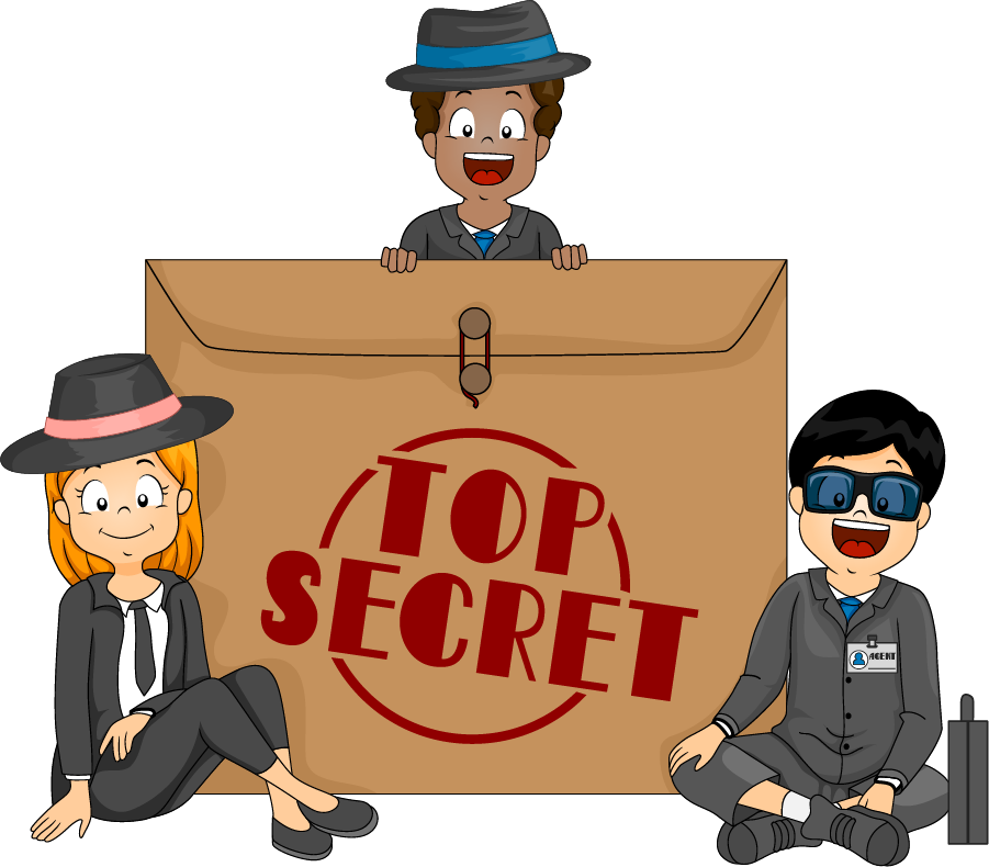 Illustration of three cartoon characters in suits with a large envelope labeled "TOP SECRET," one character is holding the envelope while the others sit in front.