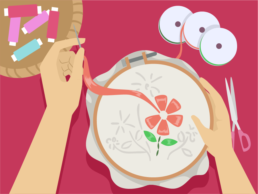 An illustration of hands embroidering a floral design with colorful threads and scissors nearby.