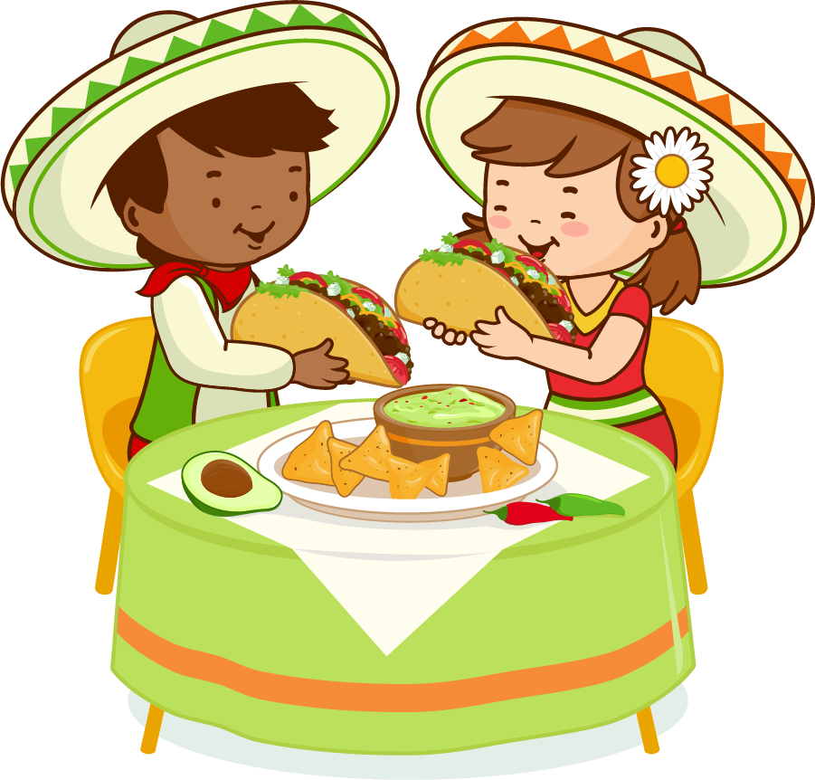 Illustration of a boy and girl enjoying tacos together at a table set with chips and guacamole, both wearing colorful sombreros.