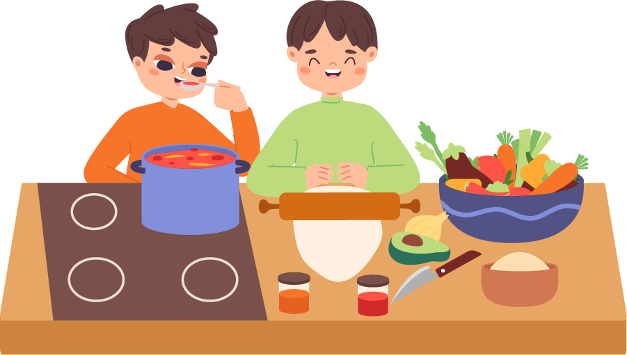 Two animated characters cooking together in a kitchen, one stirring a pot while the other prepares ingredients on a countertop filled with fresh vegetables and cooking tools.