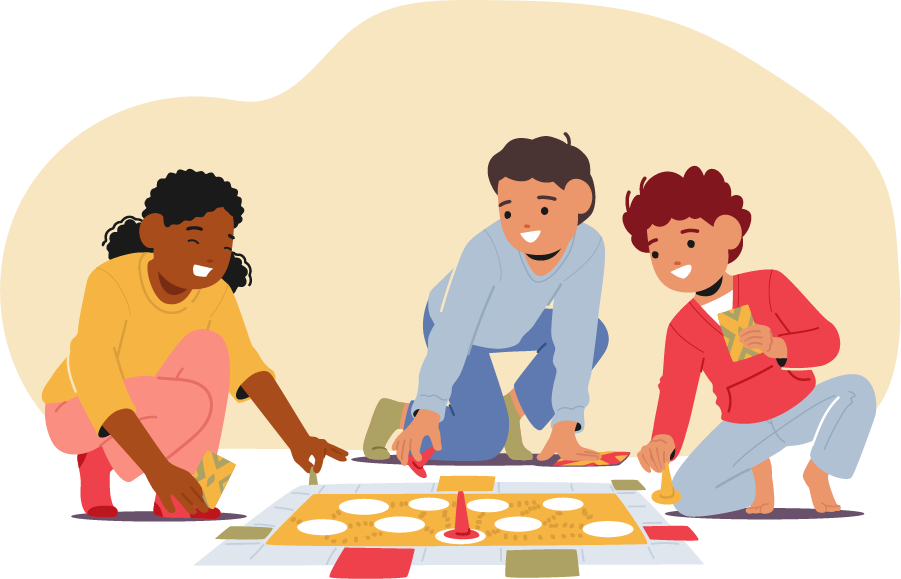 Three kids playing a board game on the floor, smiling and engaging with each other.