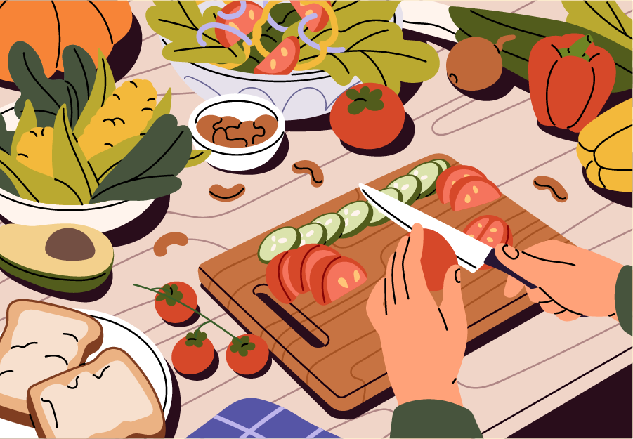 A colorful illustration of fresh vegetables being chopped on a wooden cutting board, surrounded by various ingredients and dishes, depicting a vibrant cooking scene.