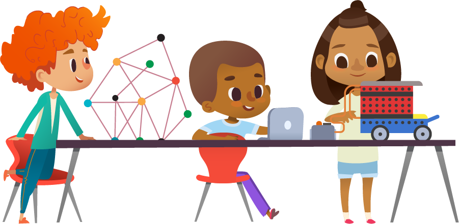 Three children engaging in a collaborative learning activity, with one building a mechanical toy and another working on a laptop, alongside a geometric structure.