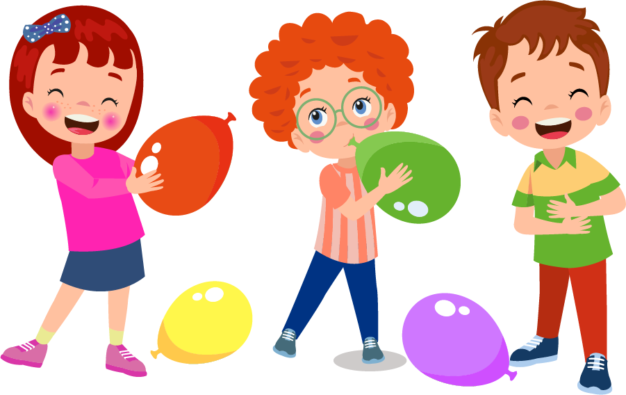 A colorful illustration of three children joyfully holding balloons in various colors, showcasing a playful and festive atmosphere.