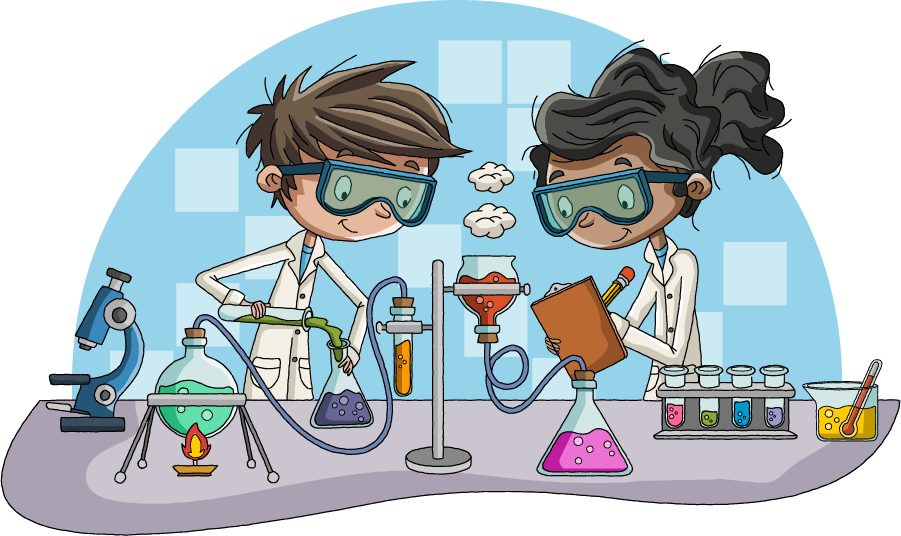 Illustration of two young scientists conducting experiments at a laboratory bench with various lab equipment and colorful chemical mixtures.