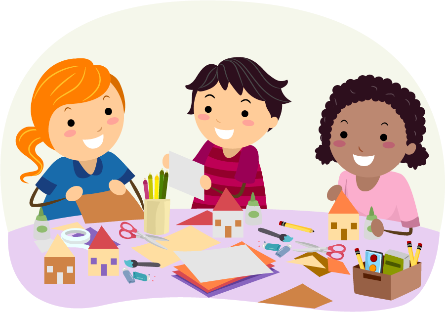 Three children engaging in arts and crafts at a table, creating paper houses and using various crafting materials.