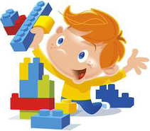A cheerful cartoon illustration of a young boy building with colorful blocks.