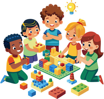 A colorful illustration of five children engaging in creative play with building blocks on the floor, showcasing teamwork and imagination.