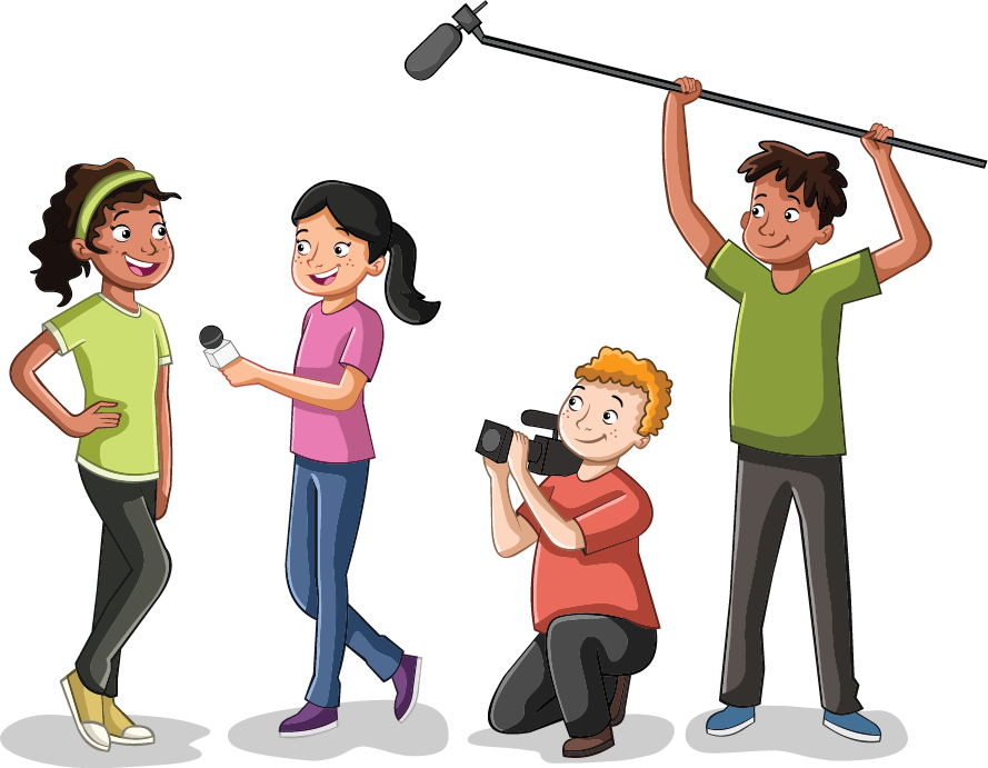 A colorful illustration of a diverse group of children engaging in a video production activity, including a girl being interviewed, a girl holding a microphone, and two boys, one holding a camera and the other a microphone on a boom pole.