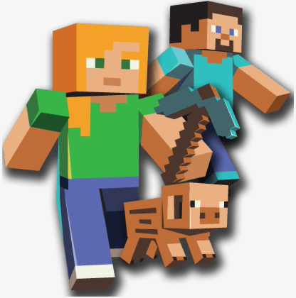 Minecraft characters are depicted with a pig, showcasing a pixelated adventure theme.