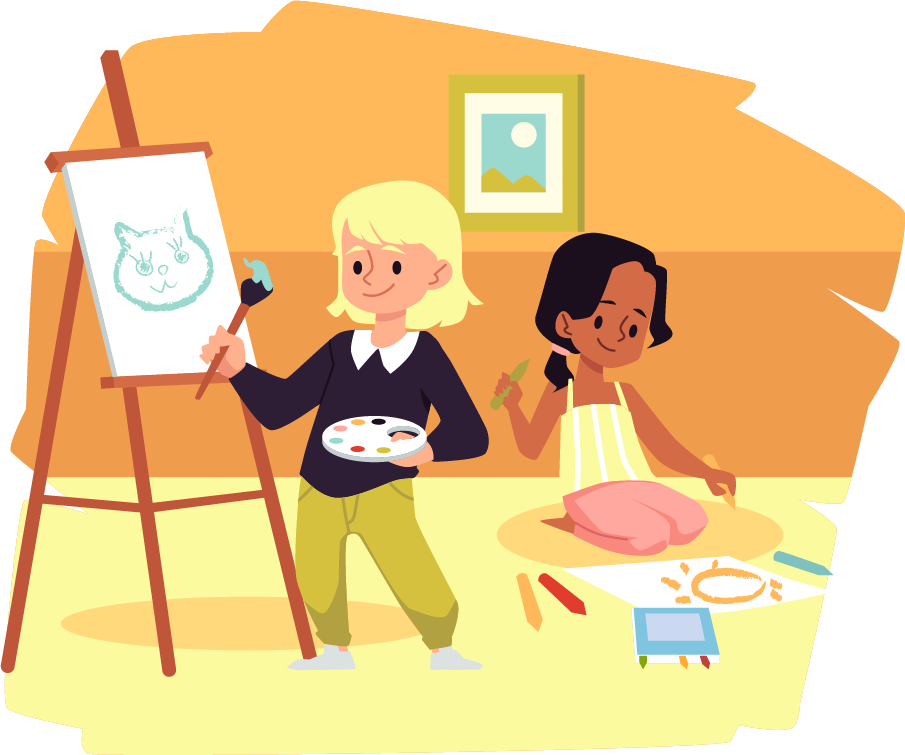 Two children engaged in creative activities: one painting a cat on an easel and the other crafting with colorful materials.