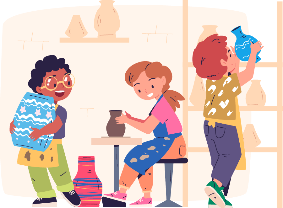 Illustration of three children engaged in pottery making, showcasing their creativity in a workshop filled with pottery and vases.