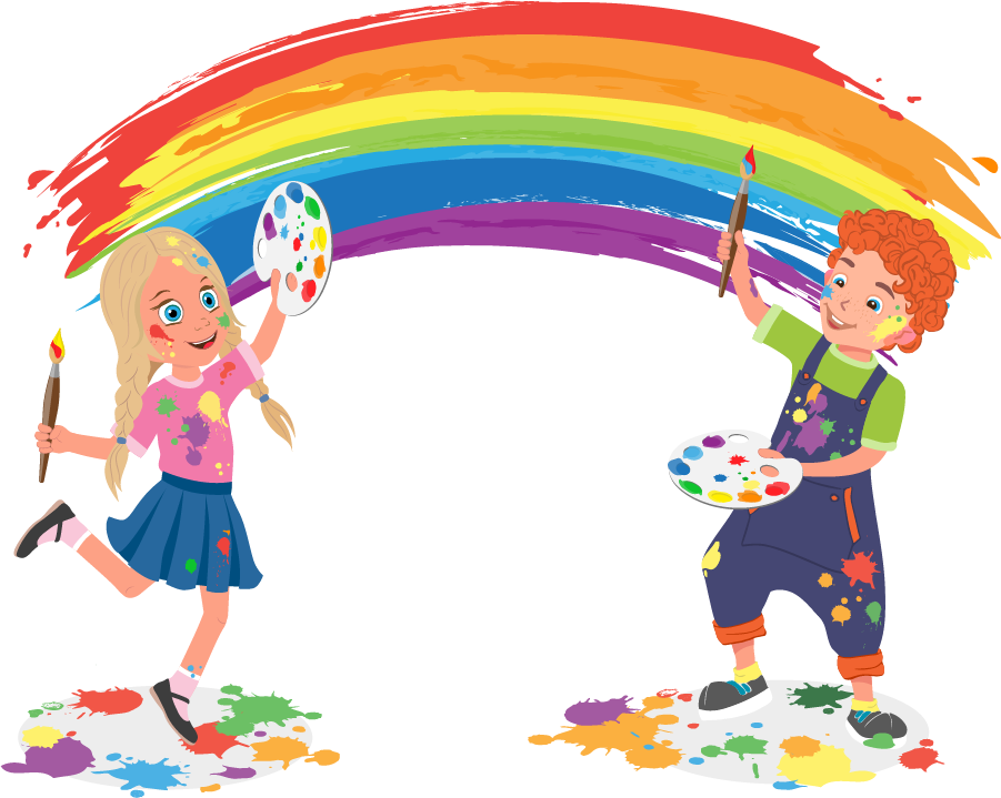 Cartoon illustration of two children painting under a colorful rainbow, each holding a palette filled with vibrant colors.