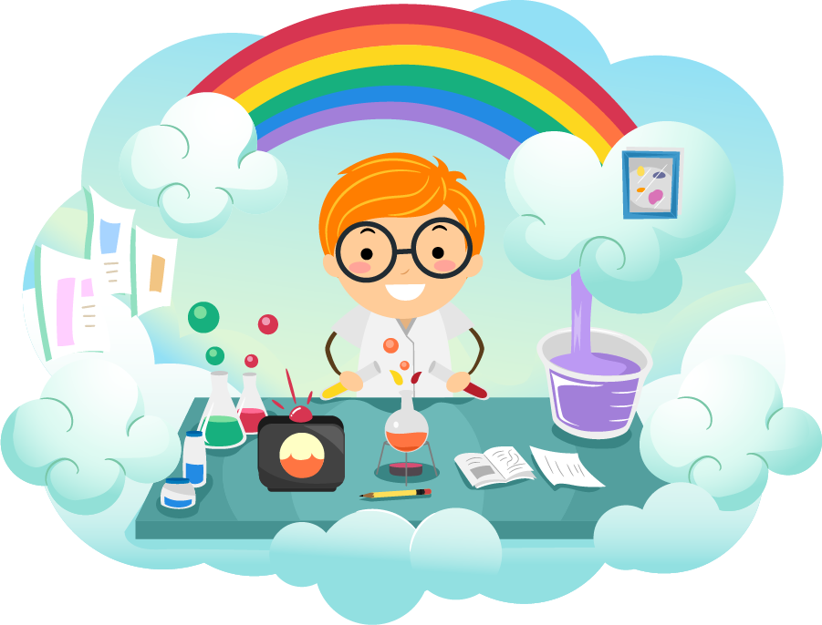 A cartoon illustration of a cheerful young scientist conducting experiments with colorful liquids and playful lab equipment under a rainbow.