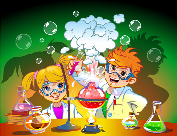 Colorful cartoon illustration of two young scientists conducting experiments in a lab, surrounded by bubbling flasks and a cloud of vapor.