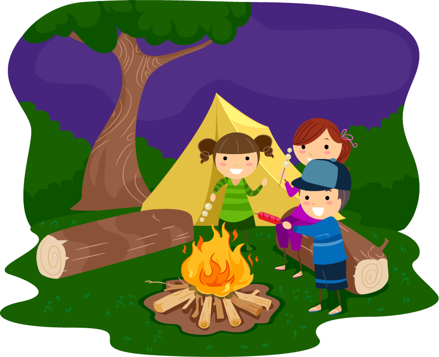 Illustration of three children enjoying a campfire outside a tent in a forest, surrounded by logs and trees.