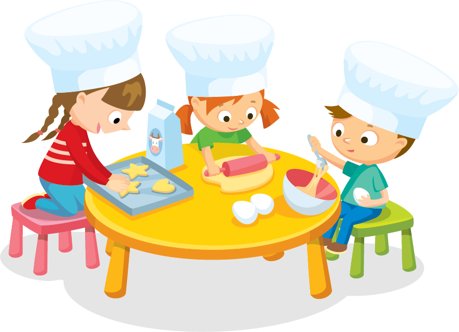 Children baking together at a colorful table, wearing chef hats and engaging in fun cooking activities.