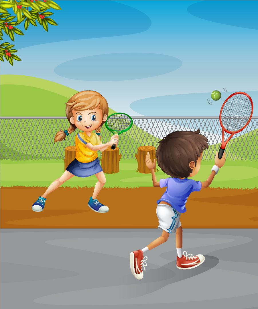 Illustration of two children playing tennis outdoors, with one girl preparing to hit the ball and a boy ready to serve.
