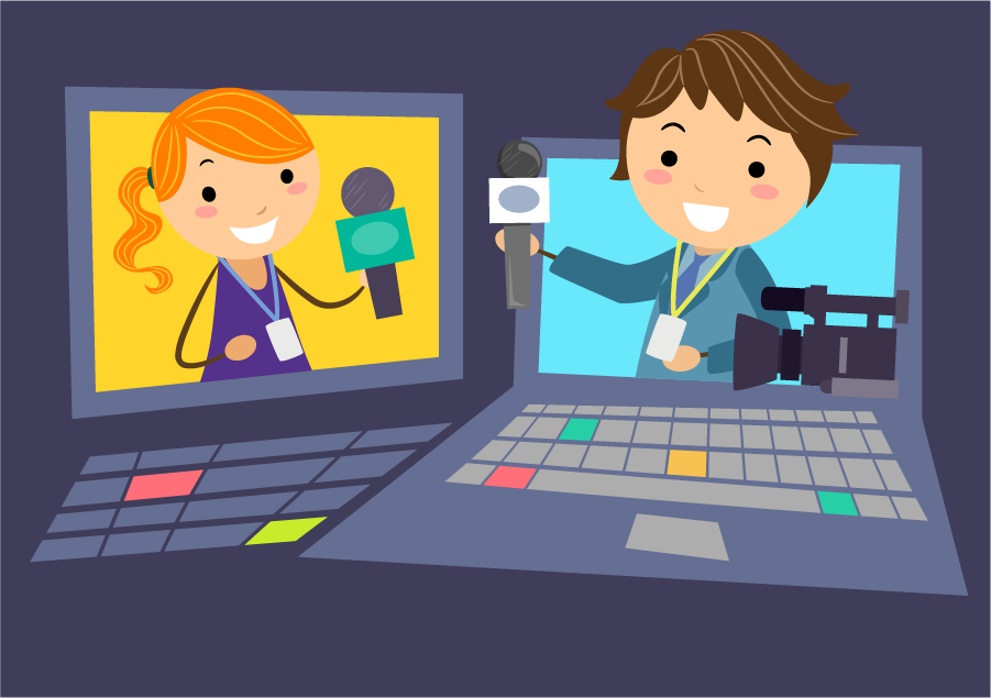 Illustration of two cartoon characters conducting an online video interview, with one character holding a microphone on a laptop screen and the other character on a separate screen with a camera.