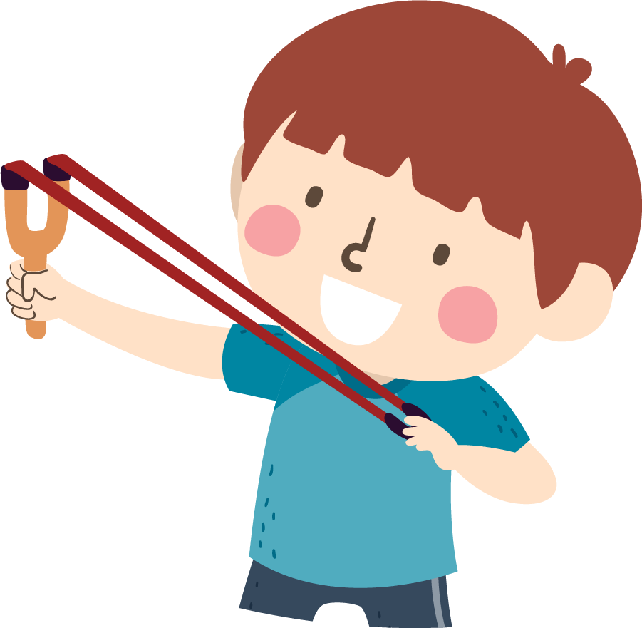 A cheerful cartoon boy holding a slingshot with a big smile.