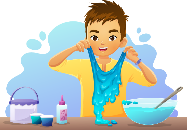 A young boy is enjoying playing with blue slime, showcasing the stretchy properties of the material. Surrounding him are a bowl of slime and craft supplies.