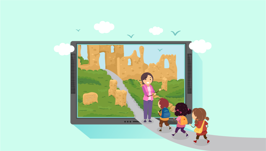 Illustration of a teacher guiding children on a virtual field trip to ancient ruins displayed on a large screen.