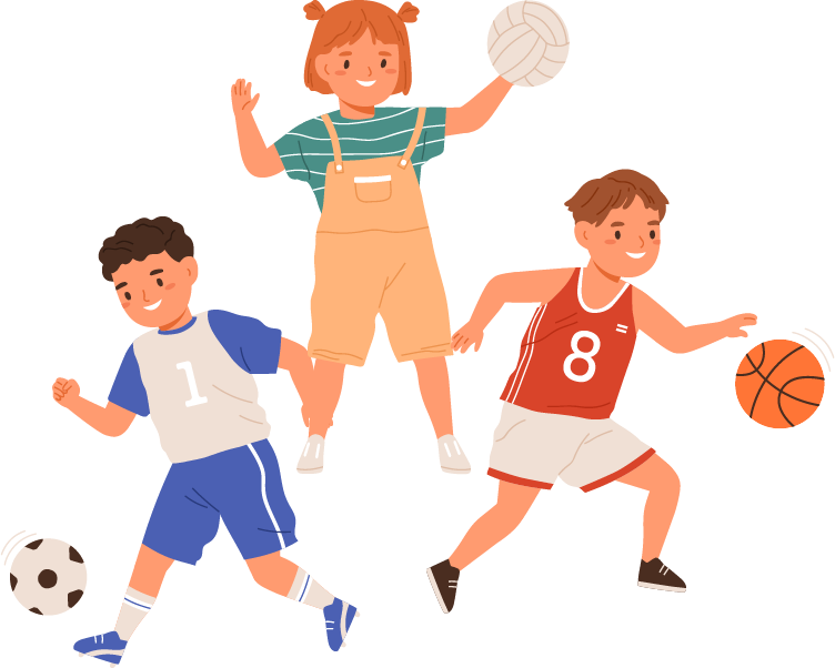 Illustration of three children engaging in different sports: a boy playing soccer, a girl holding a volleyball, and another boy dribbling a basketball.