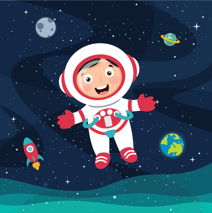 A cheerful cartoon astronaut floating in space, surrounded by planets and a rocket.